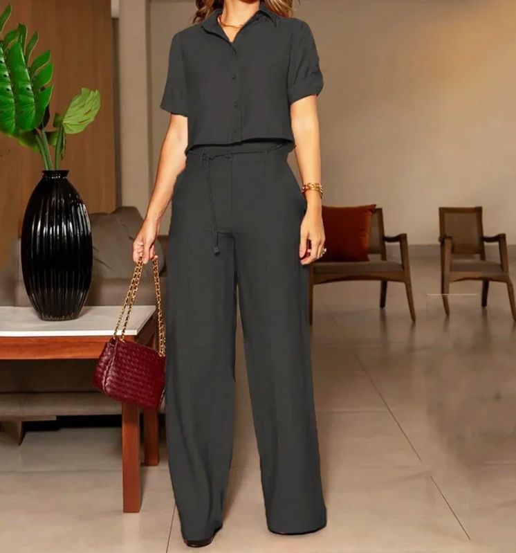 Conjunto 2 Peças Camisa de Botão com Cinto e Calça Pantalona