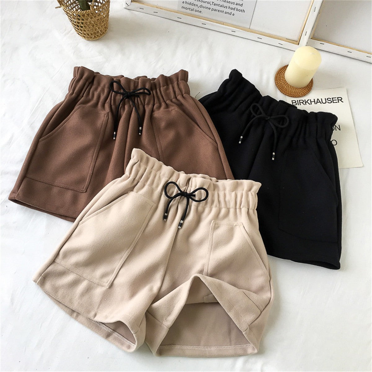 Short de lã feminino, cintura alta