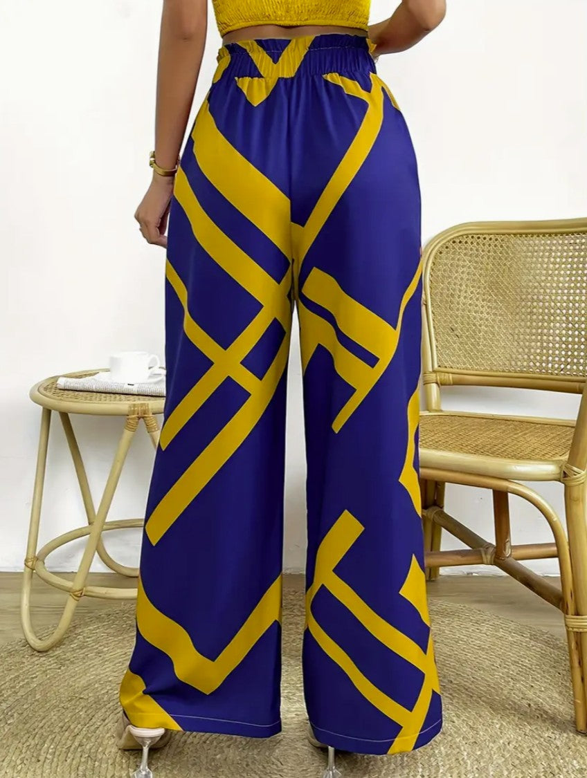 Calça Solta Estampada de Perna Larga com Cintura Alta